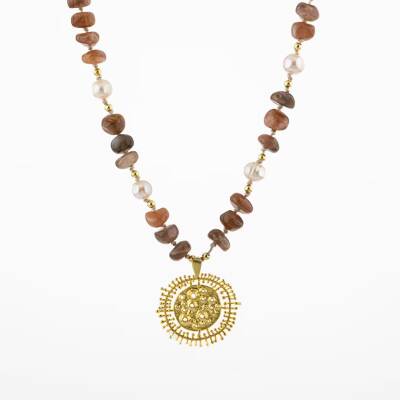 Güneş Taşı-İnci Doğal Taş Gümüş Tasarım Kolye - 60cm - 5