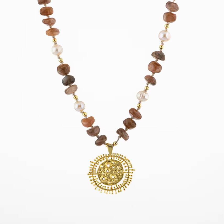 Güneş Taşı-İnci Doğal Taş Gümüş Tasarım Kolye - 60cm - 5