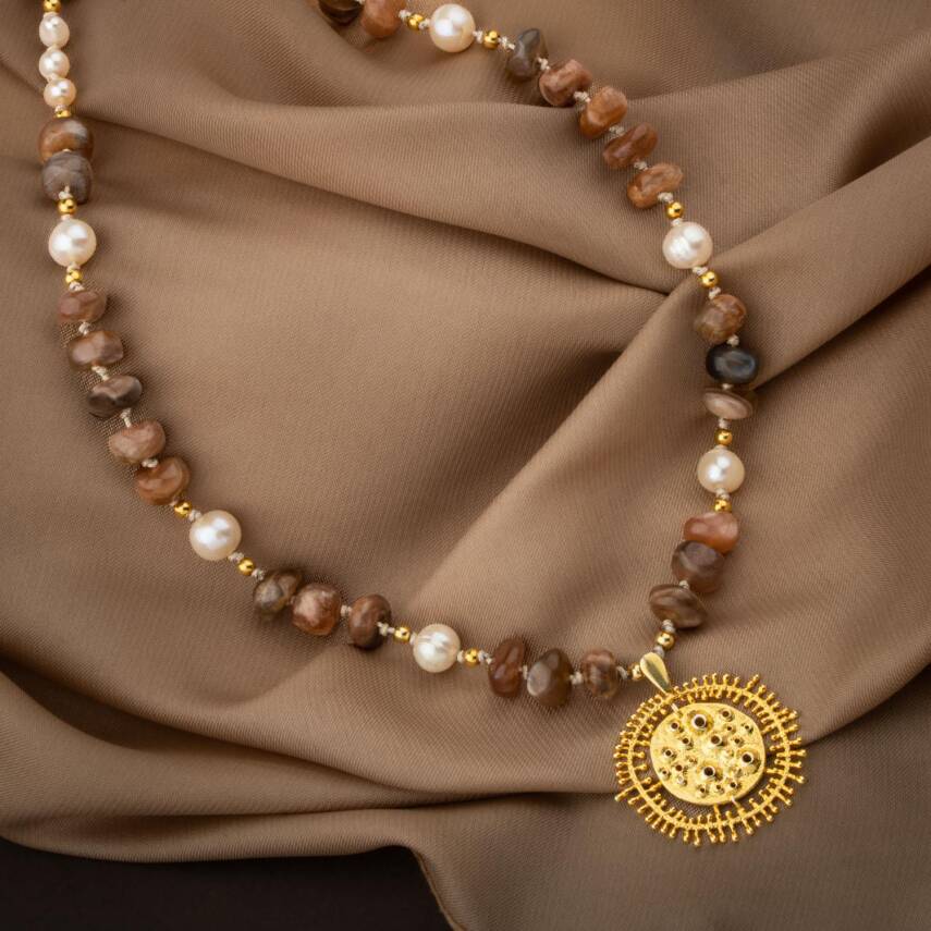 Güneş Taşı-İnci Doğal Taş Gümüş Tasarım Kolye - 60cm - 1