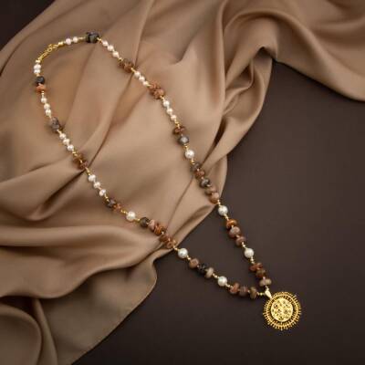 Güneş Taşı-İnci Doğal Taş Gümüş Tasarım Kolye - 60cm - 3