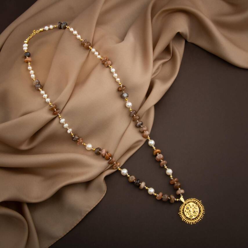 Güneş Taşı-İnci Doğal Taş Gümüş Tasarım Kolye - 60cm - 3