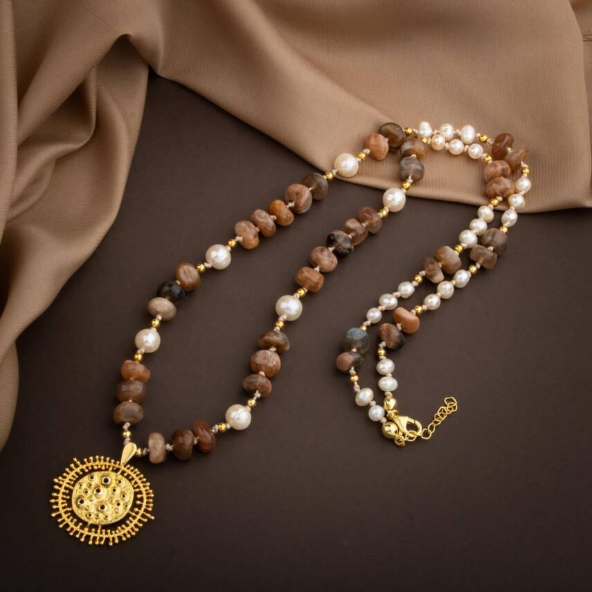 Güneş Taşı-İnci Doğal Taş Gümüş Tasarım Kolye - 60cm - 4