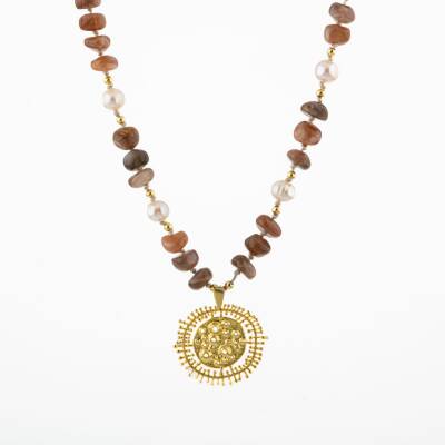 Güneş Taşı-İnci Doğal Taş Gümüş Tasarım Kolye - 60cm - 5