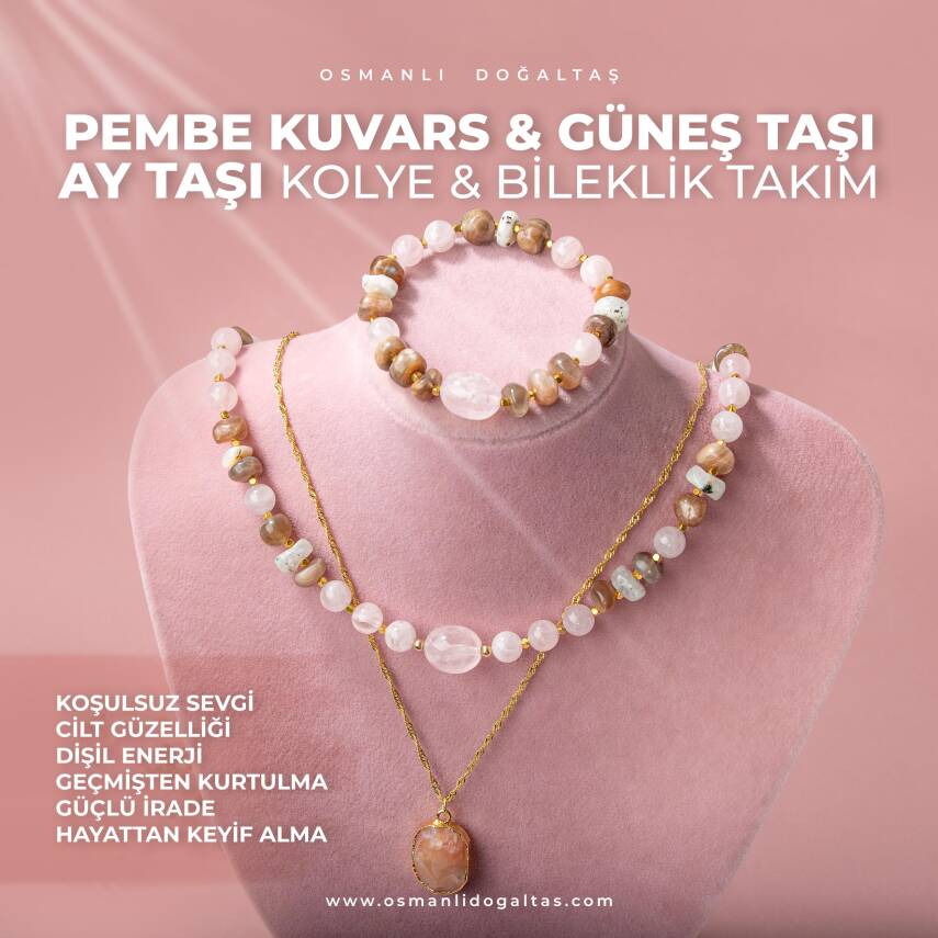 Güneş Taşı-Pembe Kuvars-Ay Taşı Doğal Taş Gümüş Kolye Bileklik Seti- 54cm - 1