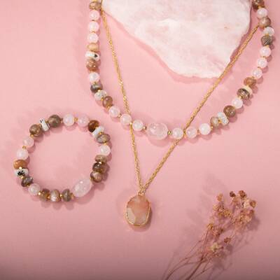 Güneş Taşı-Pembe Kuvars-Ay Taşı Doğal Taş Gümüş Kolye Bileklik Seti- 54cm - 2