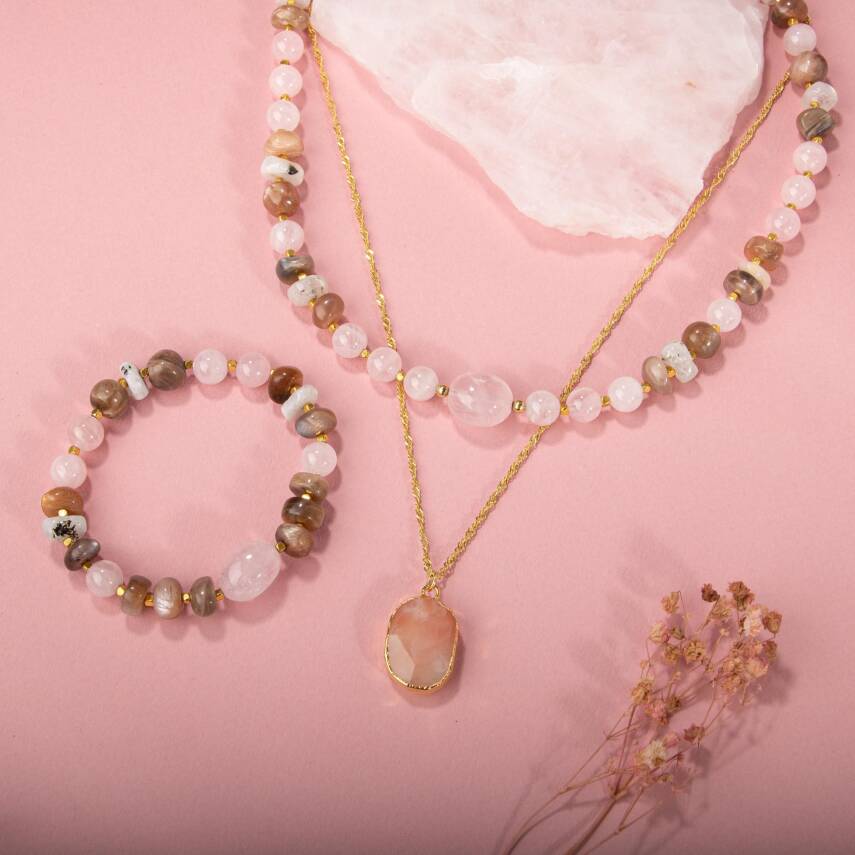 Güneş Taşı-Pembe Kuvars-Ay Taşı Doğal Taş Gümüş Kolye Bileklik Seti- 54cm - 2