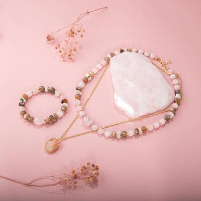 Güneş Taşı-Pembe Kuvars-Ay Taşı Doğal Taş Gümüş Kolye Bileklik Seti- 54cm - 3