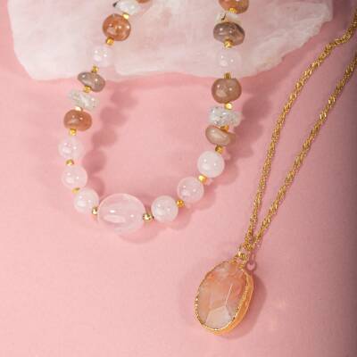 Güneş Taşı-Pembe Kuvars-Ay Taşı Doğal Taş Gümüş Kolye Bileklik Seti- 54cm - 4