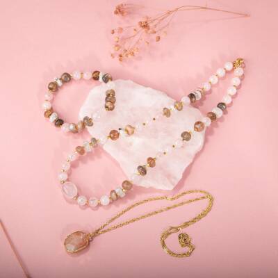 Güneş Taşı-Pembe Kuvars-Ay Taşı Doğal Taş Gümüş Kolye Bileklik Seti- 54cm - 5