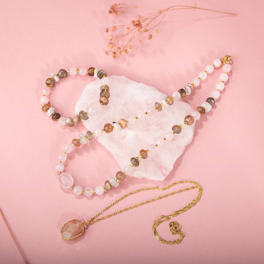 Güneş Taşı-Pembe Kuvars-Ay Taşı Doğal Taş Gümüş Kolye Bileklik Seti- 54cm - 5