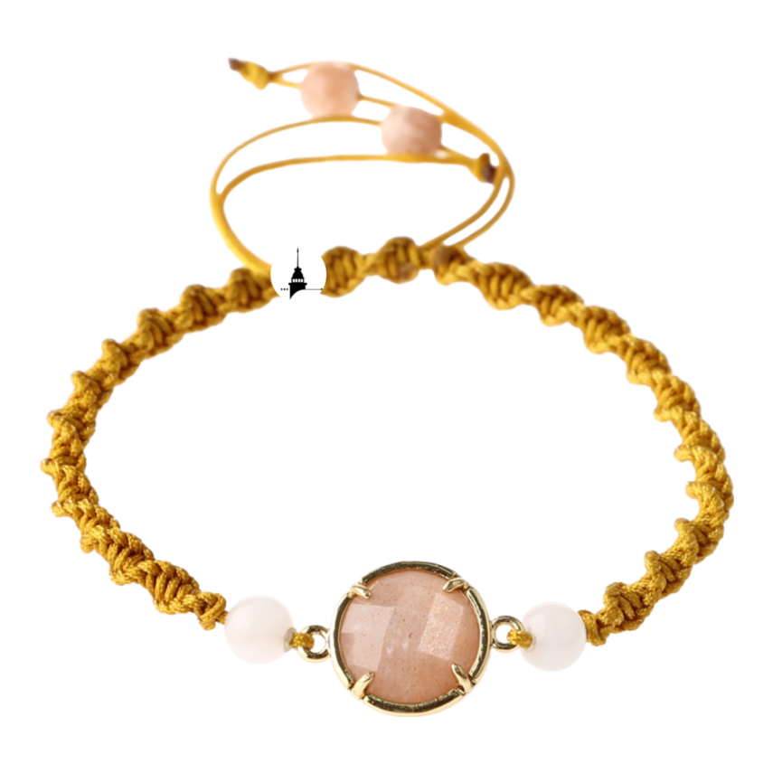 Güneş Taşı-Pembe Kuvars Doğal Taş Makrome Örgü Bileklik - 1