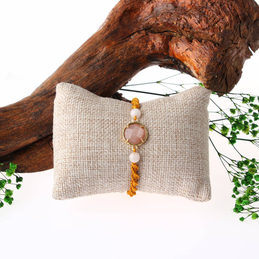 Güneş Taşı-Pembe Kuvars Doğal Taş Makrome Örgü Bileklik - 2