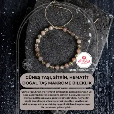 Güneş Taşı, Sitrin ve Hematit Doğal Taş Makrome Bileklik (SK161) - Doğal Taş (1)