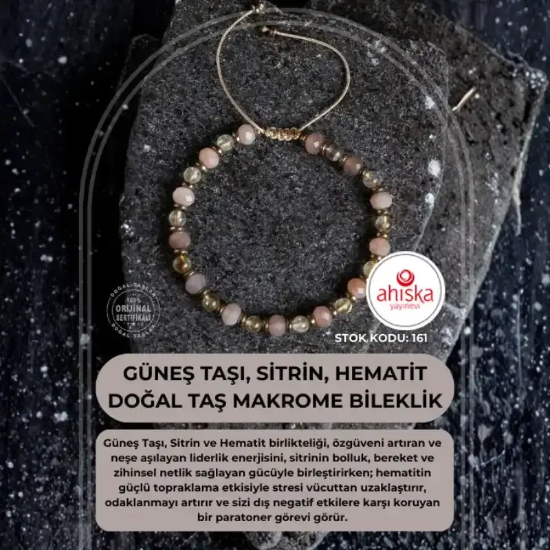 Güneş Taşı, Sitrin ve Hematit Doğal Taş Makrome Bileklik (SK161) - 2