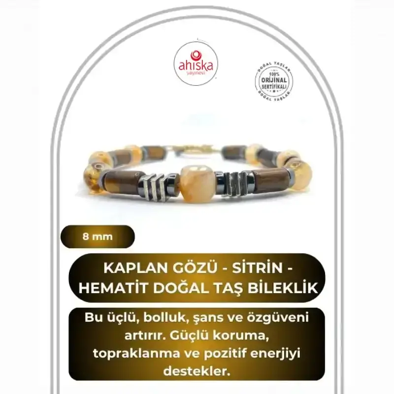 Hakiki Doğal Özel Kesim Kaplan Gözü - 8mm Sitrin - Hematit Doğal Taş İpli Ayarlanabilir Bileklik - 2