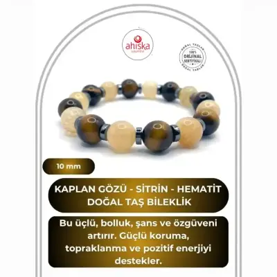 Hakiki Doğal Sertifikalı Kaplan Gözü - Sitrin - Hematit 10mm Doğal Taş Bileklik - 1