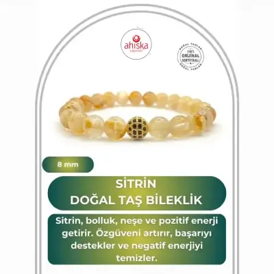 Hakiki Doğal Sertifikalı Sitrin Doğal Taş Bileklik Zirkon Aparatlı 8mm - 1