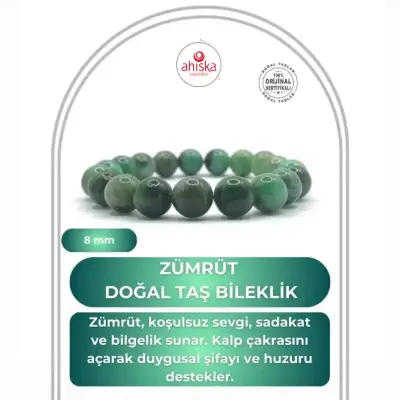 Hakiki Doğal Sertifikalı Zümrüt Doğal Taş Misinalı Bileklik 8mm - Doğal Taş (1)