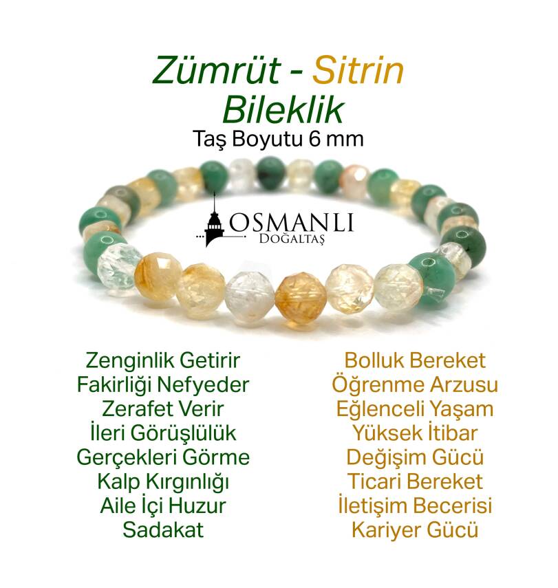 Hakiki Doğal Sertifikalı Zümrüt - Sitrin Doğal Taş Misinalı Bileklik Fasetli 6mm - 1