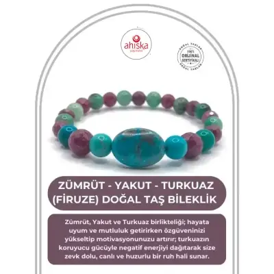 Hakiki Doğal Sertifikalı Zümrüt - Yakut - Turkuaz (Firuze) Doğal Taş Misinalı Bileklik Fasetli 6mm - Doğal Taş (1)
