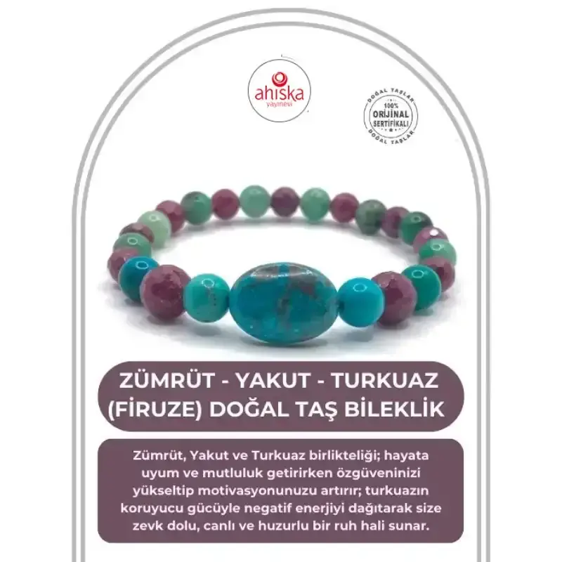 Hakiki Doğal Sertifikalı Zümrüt - Yakut - Turkuaz (Firuze) Doğal Taş Misinalı Bileklik Fasetli 6mm - 2