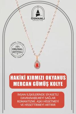Hakiki Kırmızı Okyanus Mercan Gümüş Çerçeve Rose Gümüş Zincir Doğaltaş Kolye - Osmanlı Doğaltaş