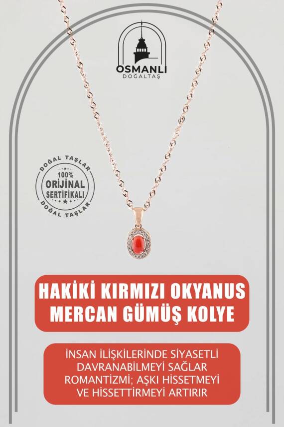 Hakiki Kırmızı Okyanus Mercan Gümüş Çerçeve Rose Gümüş Zincir Doğaltaş Kolye - 1