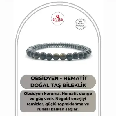Hakiki Orijinal Sertifikalı 6mm Obsidyen - Hematit Doğal Taş Misinalı Bileklik - 1
