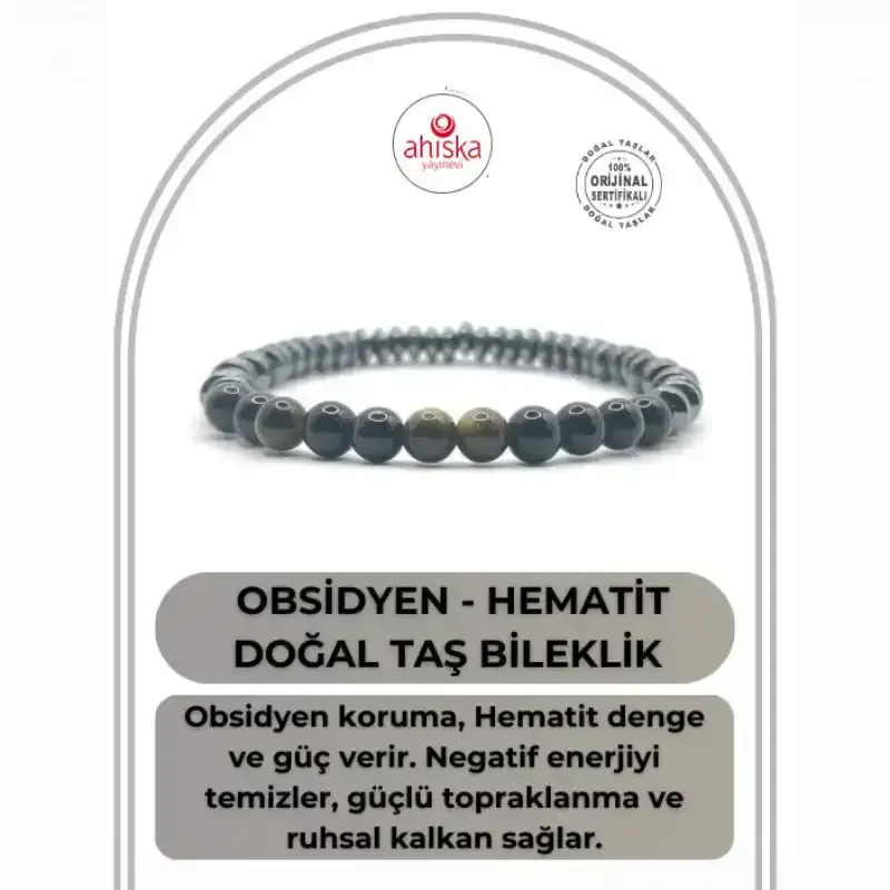 Hakiki Orijinal Sertifikalı 6mm Obsidyen - Hematit Doğal Taş Misinalı Bileklik - 1