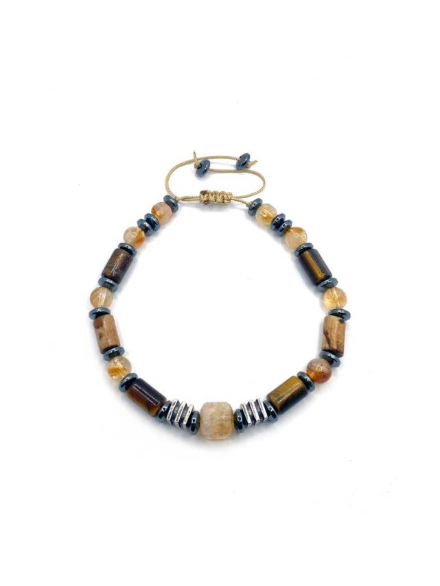 Hakiki Orijinal Sertifikalı Kaplan Gözü - Jasper - 6mm Sitrin - Hematit İpli Ayarlanabilir Doğal Taş Bileklik - 1