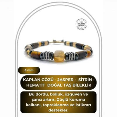 Hakiki Orijinal Sertifikalı Kaplan Gözü - Jasper - 6mm Sitrin - Hematit İpli Ayarlanabilir Doğal Taş Bileklik - 2