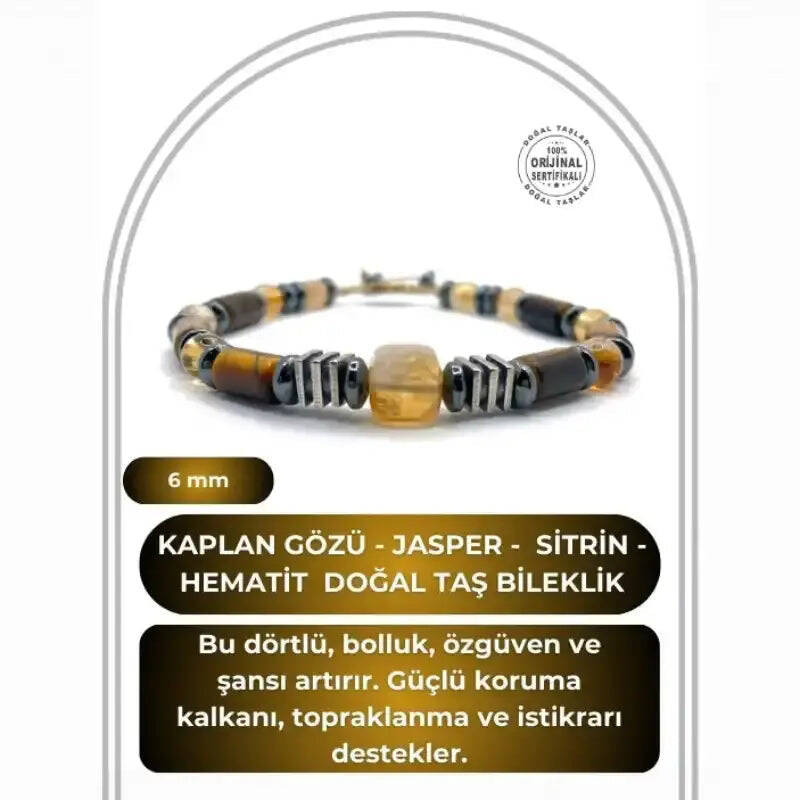 Hakiki Orijinal Sertifikalı Kaplan Gözü - Jasper - 6mm Sitrin - Hematit İpli Ayarlanabilir Doğal Taş Bileklik - 2