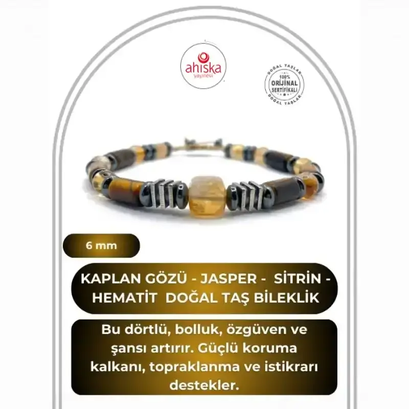 Hakiki Orijinal Sertifikalı Kaplan Gözü - Jasper - 6mm Sitrin - Hematit İpli Ayarlanabilir Doğal Taş Bileklik - 2