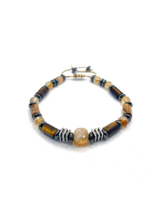 Hakiki Orijinal Sertifikalı Kaplan Gözü - Jasper - 6mm Sitrin - Hematit İpli Ayarlanabilir Doğal Taş Bileklik - 3
