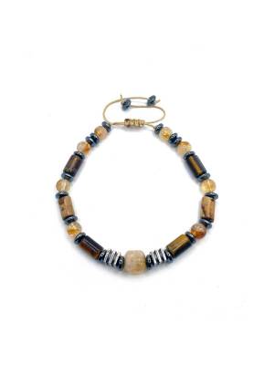 Hakiki Orijinal Sertifikalı Kaplan Gözü - Jasper - 6mm Sitrin - Hematit İpli Ayarlanabilir Doğal Taş Bileklik - 4