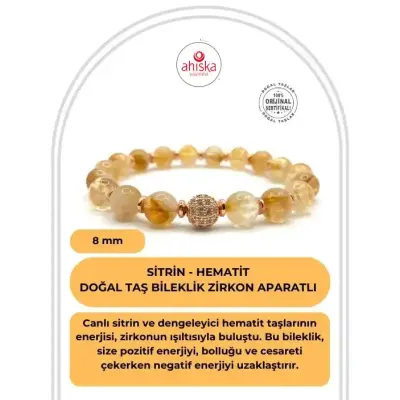 Hakiki Orijinal Sertifikalı Sitrin - Hematit Doğal Taş Bileklik Zirkon Aparatlı 8 mm - 1