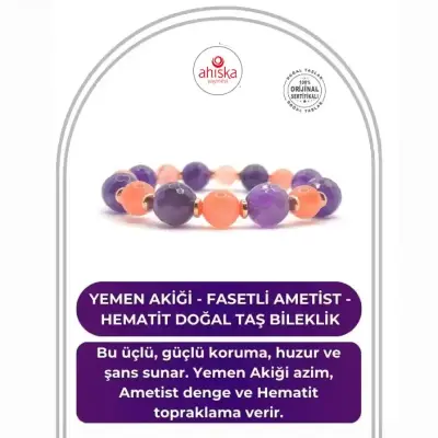 Hakiki Orijinal Sertifikalı Yemen Akiği - Fasetli Ametist - Hematit Doğal Taş Misinalı Bileklik - Doğal Taş (1)