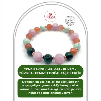 Hakiki Orijinal Sertifikalı Yemen Akiği - Larimar - Kunzit - Zümrüt - Hematit Doğal Taş Misinalı Bileklik - Doğal Taş (1)