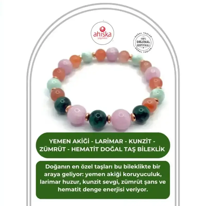 Hakiki Orijinal Sertifikalı Yemen Akiği - Larimar - Kunzit - Zümrüt - Hematit Doğal Taş Misinalı Bileklik - 2