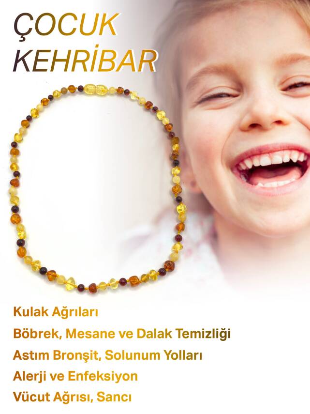 Hakiki Sertifikalı Çocuk Kehribar İpli Kopmaz Kolye 4-6 Yaş Kırmızı Turuncu Sarı Kehribar Doğal Taş - 1