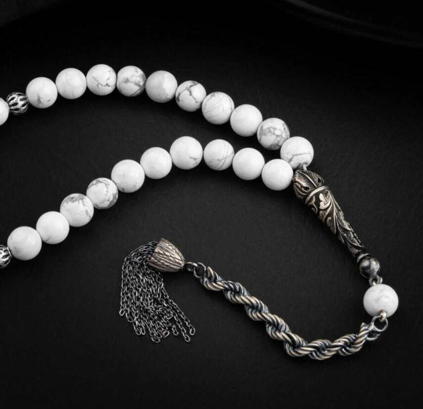 Havlit Doğal Taş 8mm Oksitli Gümüş İmameli Tesbih - 3