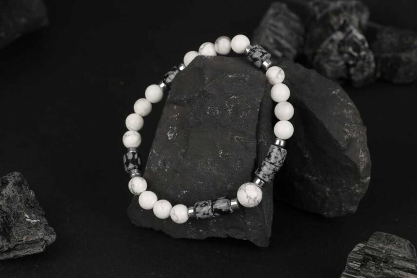 Havlit-Karlı Obsidyen-Hematit Doğal Taş Bileklik - 5