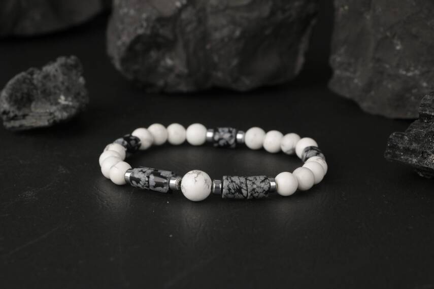 Havlit-Karlı Obsidyen-Hematit Doğal Taş Bileklik - 5