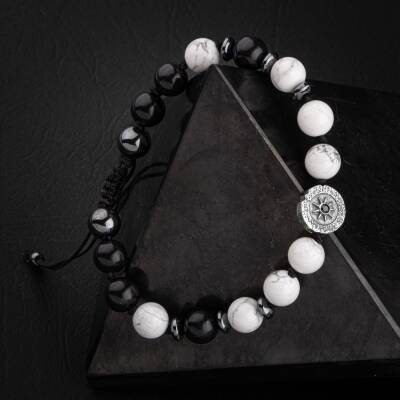 Havlit-Siyah Turmalin-Hematit Doğal Taş Tasarım Gümüş Bileklik- 20-21cm - 2