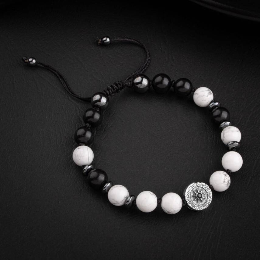 Havlit-Siyah Turmalin-Hematit Doğal Taş Tasarım Gümüş Bileklik- 20-21cm - 4