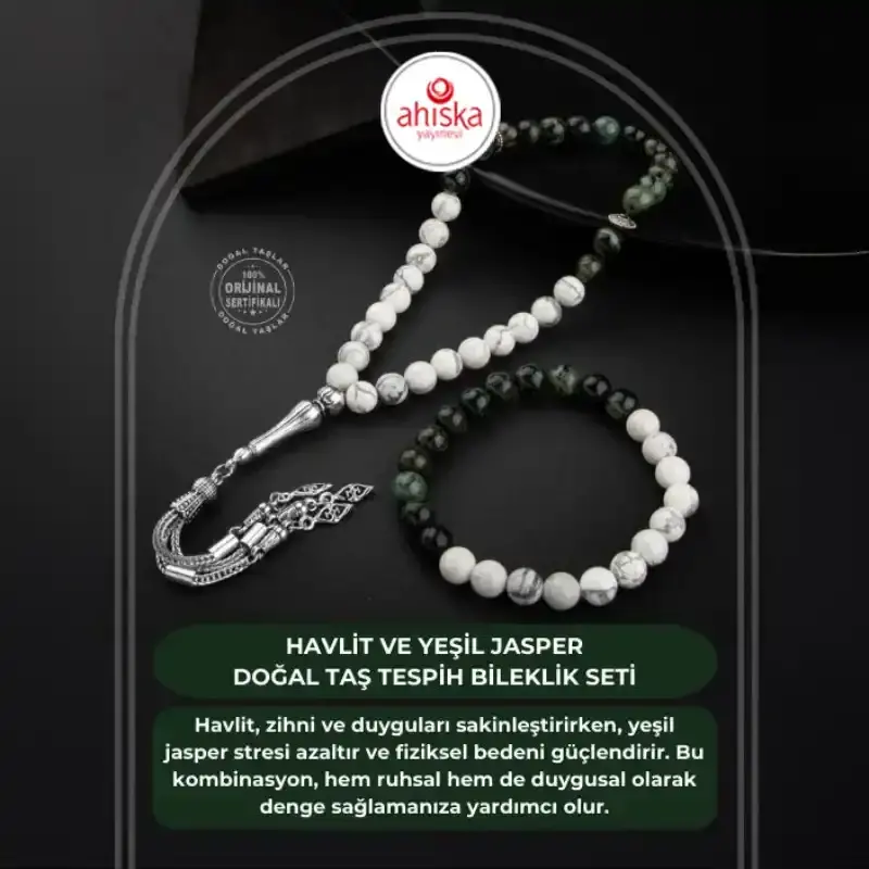 Havlit-Yeşil Jasper Doğal Taş Tesbih Bileklik Seti - 2