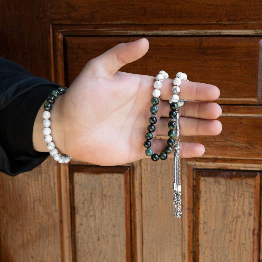 Havlit-Yeşil Jasper Doğal Taş Tesbih Bileklik Seti - 2