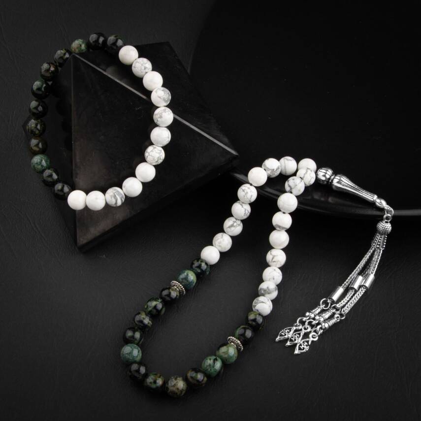 Havlit-Yeşil Jasper Doğal Taş Tesbih Bileklik Seti - 5