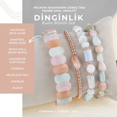 Helkum-Akuamarin-Güneş Taşı-Pembe Opal Doğal Taş Kadın Bileklik Seti - Doğal Taş