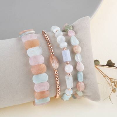 Helkum-Akuamarin-Güneş Taşı-Pembe Opal Doğal Taş Kadın Bileklik Seti - 2
